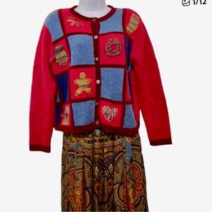 Koret City Blues vintage checkered holiday sweater cardigan with embroidery.